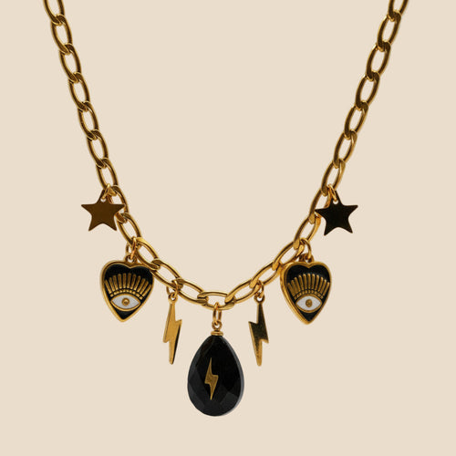 18K gold-plated curb chain with evil eye black details and stars and lightning bolt charms