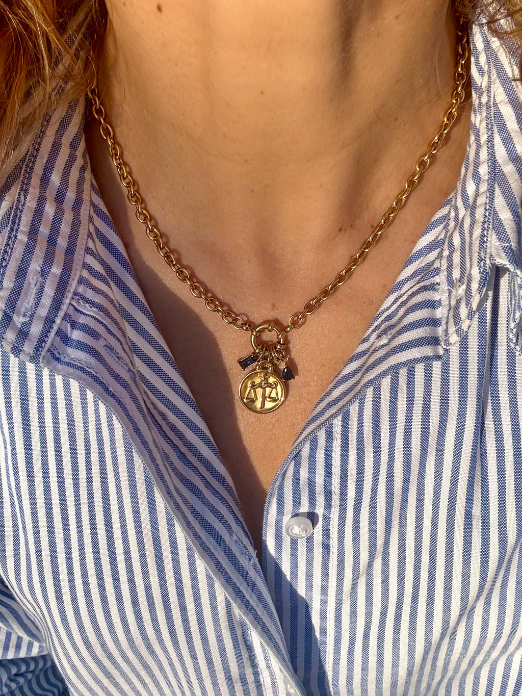 18K gold-plated stainless steel round cable chain necklace with zodiac charm and circonite birthstone